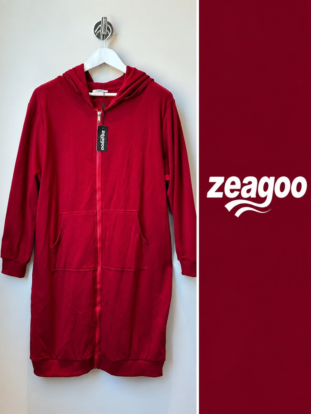 NWT Zeagoo 2XL Longline Zip Up Hoodie Jacket Burgundy
